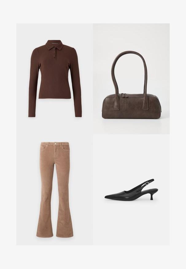 Brown ribbed long-sleeve polo shirt featuring a collar and three-button placket. The fabric has a textured finish.; Brown corduroy flared pants with a textured surface, featuring five pockets, button closure, and belt loops.; Black leather slingback shoe with a pointed toe and a slim, curved heel. Features a discrete adjustable strap with a metal buckle.; Brown leather handbag with two sturdy handles, rectangular shape, smooth texture, and zip closure. Minimalist design with no visible patterns.