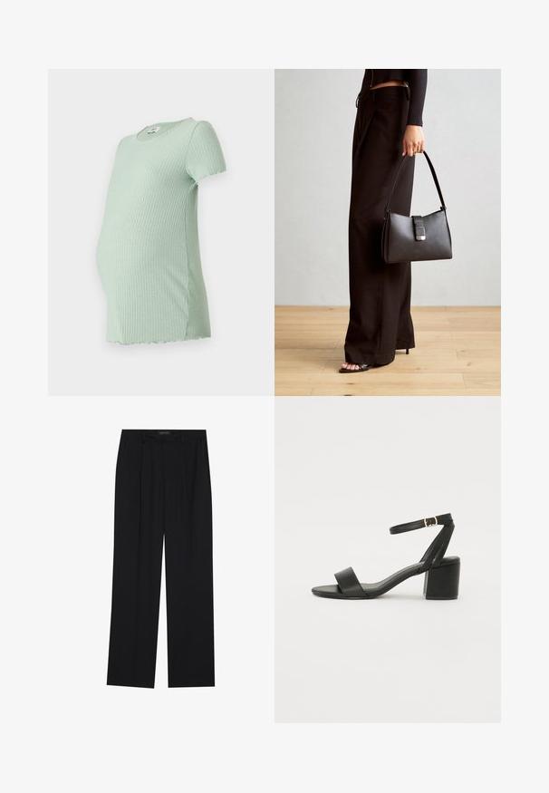 Mintgroene geribbelde zwangerschaps T-shirt met korte mouwen, ronde halslijn en een gebogen zoom, ontworpen voor comfort tijdens de zwangerschap.; Zwarte broeken met een rechte pijpontwerp, voorzien van twee voorkanten zakken en een tailleband. Gemaakt van een gladde, lichte stof.; Zwarte hoge sandaal met een soepel leren bovenkant, een open teen, brede voorkruisbanden en een verstelbare enkelband met een gouden gespdetail.; Zwarte handtas met gestructureerde vorm, gladde textuur en een metalen sluiting. Gecombineerd met brede zwarte broeken en sandalen met open teen op een houten vloer.