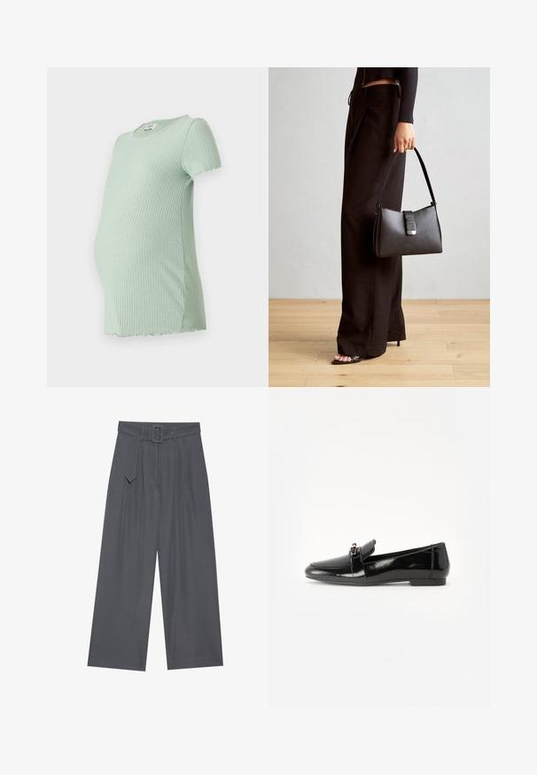 Tyrkysově zelené těhotenské tričko s krátkým rukávem, kulatým výstřihem a zakřiveným lemem, navržené pro pohodlí během těhotenství.; Široké kalhoty z tmavě šedého materiálu s páskem v pase, s předními sklady a hladkou texturou. Žádné další vzory ani akcenty.; Černé lakované mokasíny s plochou podrážkou, zaoblenou špičkou a ozdobným páskem se zlatým akcentem. Hladký, lesklý povrch.; Černá kabelka se strukturovaným tvarem, hladkým povrchem a kovovým uzávěrem. Kombinována s širokými černými kalhotami a sandály s otevřenou špičkou na dřevěné podlaze.
