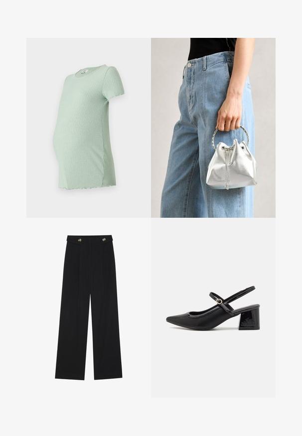 Majčna majica za nosečnice v mint zeleni barvi z rebrasto teksturo, kratkimi rokavi, okroglo ovratnikom in ukrivljenim robom, zasnovana za udobje med nosečnostjo.; Črne široke hlače s visokim pasom, gumbnimi detajli na pasu in sprednjimi gubami.; Črne patentne usnjene salonarce s slingback obliko, s koničastim nosom, zaobljenim izrezom in blok peto. Imajo zlato kovinsko zaponko kot dodatno okrasje.; Metalna srebrna torba na ramenu z zrnato površino, okrašena s srebrnim okroglim ročajem in zapiranjem na vrvico, držana ob svetlo modrih džinsih.