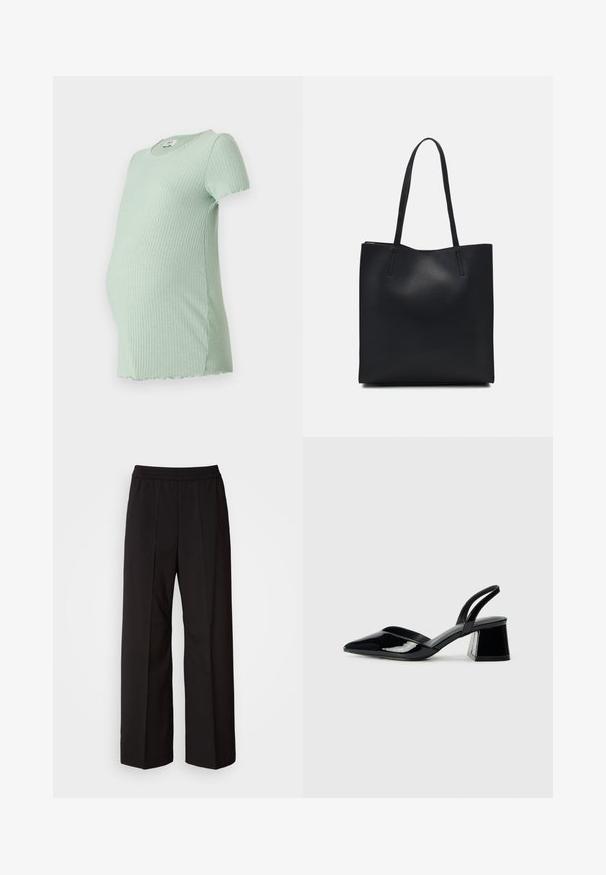 Mint green ribbed maternity t-shirt with short sleeves, round neckline, and curved hemline, designed for comfort during pregnancy.; Black wide-leg pants with a pleated design, elastic waistband, and smooth fabric texture. Suitable for various occasions.; Black patent leather slingback heels with a pointed toe and a geometric block heel. Features a sleek, minimal design and smooth texture.; Black leather tote bag with smooth texture, rectangular shape, and two long handles. No visible hardware or embellishments.
