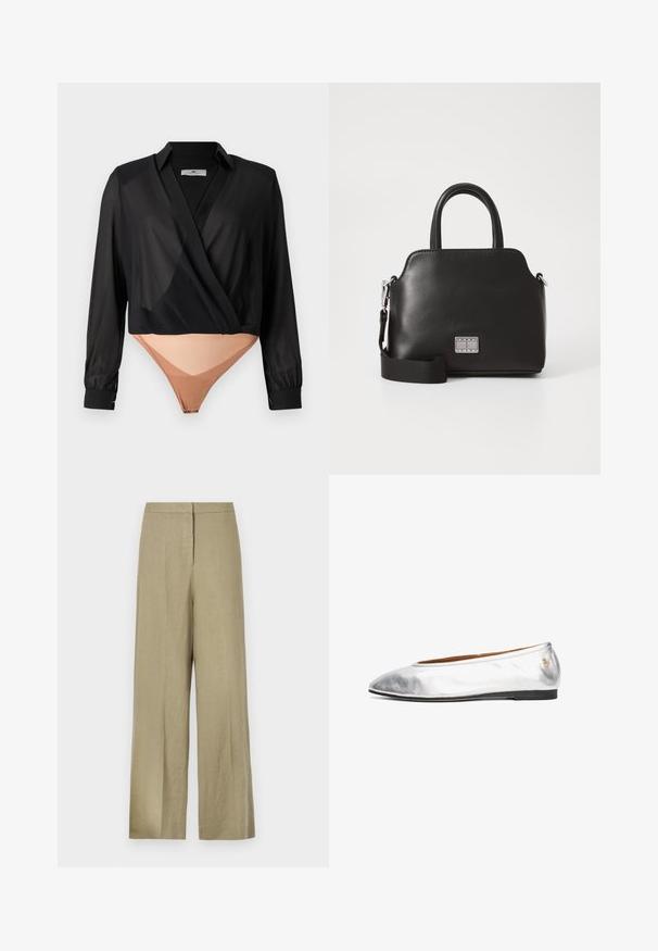 Fekete áttetsző blúz hosszú ujjakkal, bézs testharisnyával párosítva. Gombnyak és szűkített mandzsetta jellemzi. Sima textúra.; Világos zöld, bő szárú nadrág, amely vászonból készült. Magas derékkal és tiszta elülső kialakítással rendelkezik, egyetlen redővel.; Ezüst fémbalett cipő lekerekített orral, sima felszínnel, alacsony profilú és fekete gumitalppal. Kis márkás akcentussal a saroknál.; Fekete szintetikus kézitáska, felső fogantyúkkal, levehető vállpánttal, kerek formával, sima textúrával és ezüst logóval az elején.