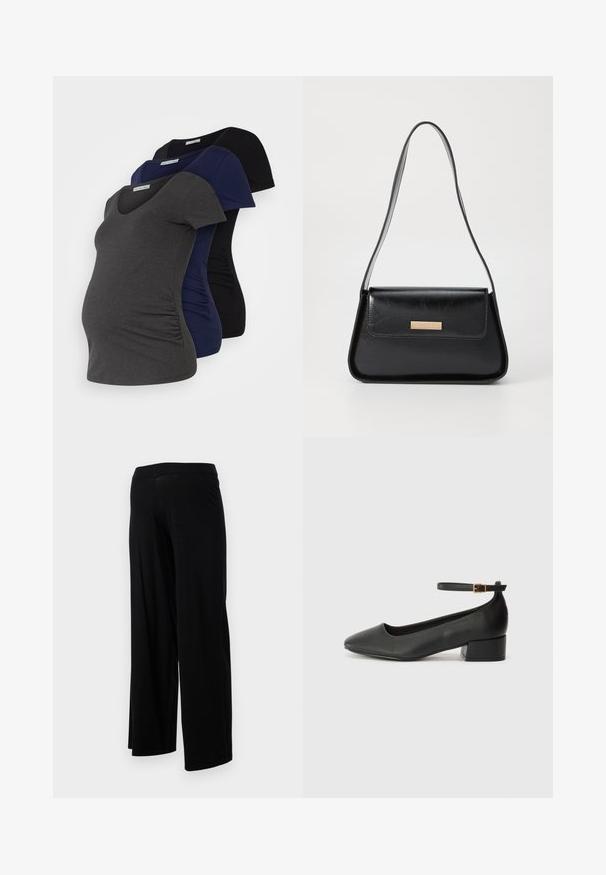 Trīs grūtniecības T-krekli tumši pelēkā, jūras zilos un melnā krāsā, ar V veida kaklu, īsām piedurknēm un saplacinātām sānu šuvēm, lai nodrošinātu stiepšanu.; Melni platleņķa bikses ar elastīgu jostasviju un gludu, elastīgu tekstūru. Piedāvā vienkāršu dizainu, bez rakstiem vai rotājumiem.; Melnas ādas sūkņi ar smailu purngalu un zemu bloku papēdi. Iezīmēts ar potītes siksniņu ar zelta krāsas sprādzi. Gluda tekstūra.; Melnas ādas rokassomiņa ar strukturētu trīsstūra formu, šauru siksnu un zelta toņu metāla detaļām, kurām ir logo plāksne priekšējā atloka.