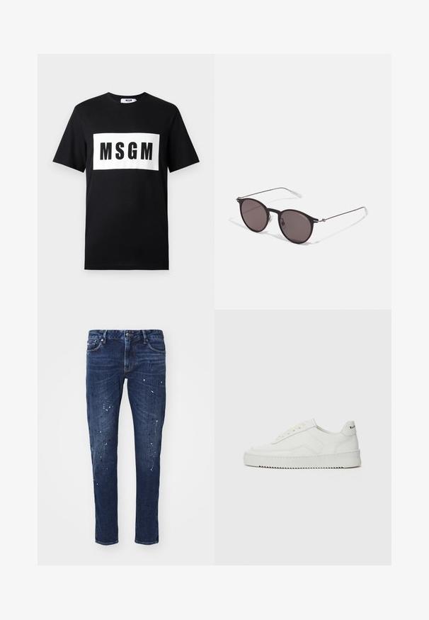 Must musta T-särk lühikeste varrukatega, mille esiküljel on valge ristkülikuline logo, millel on mustades paksudes tähtedes "MSGM".; Tumed sinised teksad kitsas lõikega, millel on värvivired, nähtavad õmblused ja tavaline viie tasku disain. Sirge sääre lõige.; Valge nahast tennis, millel on sile põhi, ümar varvas, lamedad nöörid ja tekstuuriline tall. Sisaldab diskreetset logo kontsaribal.; Mustad mustad prillid tumedate läätsedega ja õhukeste metallist käepidemetega. Kaarja kujuga seljaosa ja hõbedased aktsendid hingel. Minimalistlik disain.