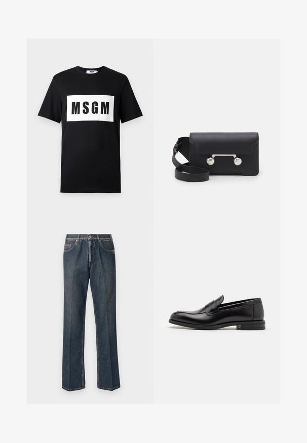 Tricou din bumbac negru cu mâneci scurte, având un logo rectangular alb cu „MSGM” scris cu litere mari negre pe față.; Jeans din denim drept, de culoare albastră închisă, cu nasture frontal, fermoar, două buzunare frontale și cute verticale vizibile pe picioare.; Mocasini din piele neagră cu o textură netedă, vârf rotund și o curea decorativă peste partea superioară. Toc mic, design minimalist.; Geantă din piele neagră, tip crossbody, cu închidere prin clapetă, accesorii din metal de culoare argintie și două accente rotunde. Dispune de o curea detașabilă. Textură netedă.
