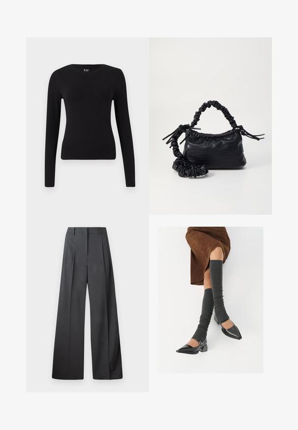 Zwarte, lange mouwen, aansluitend T-shirt met ronde hals en rechte zoom, weergegeven op een witte achtergrond.; Wijde broek in donkergrijze stof, met een hoge taille, enkele plooien en een gladde textuur met een nette afwerking aan de zoom.; Zwarte gepatineerde leren pumps met een puntige neus, een blokhak en een enkelbandje, gecombineerd met grijze geribde beenwarmers en een bruine suède rok.; Zwarte nepleer handtas met een krokodillenstructuur, opgedroogde bovenkant en een gekreukte hengsel. Het lijkt zacht en compact van ontwerp.