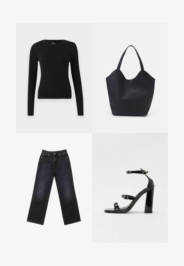 Zwarte, lange mouwen, aansluitend T-shirt met ronde hals en rechte zoom, weergegeven op een witte achtergrond.; Hoge taille zwarte denim jeans met een wijde pijp, vijf zakken en zichtbare stiksel. De stof heeft een gladde, licht gestructureerde afwerking.; Zwarte gepatenteerde sandalen met hak en een vierkante neus, enkelbandjes en zilveren gespen. Heeft een stevige blokhak voor stabiliteit.; Zwarte tote tas van glad leer, met een gebogen, open bovenkant en twee schouderbanden, en een minimalistisch ontwerp.