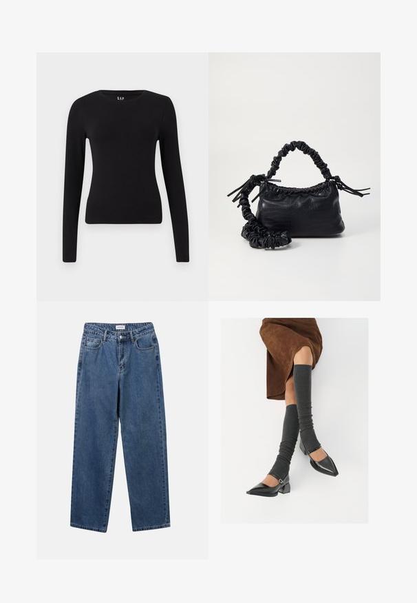 Maglietta nera a maniche lunghe, aderente, con scollo a giro e orlo dritto, esposta su uno sfondo bianco.; Jeans in denim blu classico con design a gamba dritta, cinque tasche e chiusura con bottone. Presentano un lavaggio medio e una trama robusta.; Scarpe nere in pelle verniciata con punta affilata, tacco a blocco e cinturino alla caviglia, abbinate a scaldamuscoli grigi a coste e una gonna in suede marrone.; Borsa a tracolla in ecopelle nera con texture a coccodrillo, apertura cinchata e tracolla arricciata. Si presenta con un design morbido e compatto.