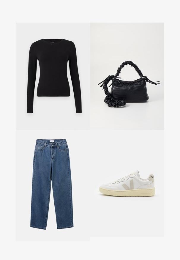 Black long-sleeve fitted crew neck shirt with straight hem, displayed on a white background.; Classic blue denim jeans with a straight-leg design, five pockets, and a button closure. Features a medium wash and sturdy texture.; White leather sneaker with beige suede accents, perforated toe box, flat laces, and a textured cream sole. Features subtle branding on heel.; Black faux leather handbag with a crocodile texture, cinched top, and a scrunched strap. Appears soft and compact in design.