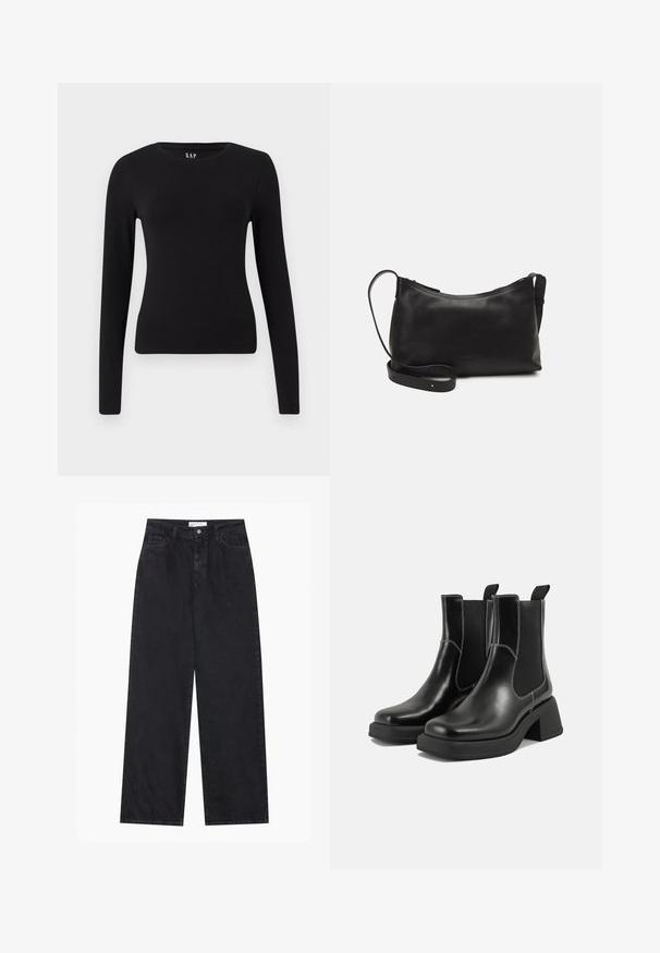 Schwarzes, langärmliges, eng anliegendes Rundhals-T-Shirt mit geradem Saum, präsentiert vor einem weißen Hintergrund.; Schwarze hoch geschnittene, weit geschnittene Jeans aus Denim mit Vorderknopf- und Reißverschluss, Gürtelschlaufen und fünf Taschen.; Schwarze Leder Chelsea-Stiefel mit einem klobigen Absatz, elastischen seitlichen Einsätzen und kontrastierendem weißen Nähten. Strukturierte Oberfläche.; Schwarze Ledertasche für die Schulter mit glatter Textur, geschwungener Form, verstellbarem Tragegurt und Reißverschluss. Minimalistisches Design ohne Verzierungen.