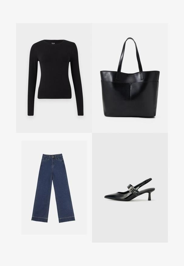Črna majica z dolgimi rokavi, prilegajočega kroja, s krožnim izrezom in ravnim robom, prikazana na beli podlagi.; Široke traperice v temno modrem denimu. Imajo pet žepov, zanke za pas in surov rob na dnu z vidnimi šivi.; Črne patent usnjene slingback pete s koničastim nosom in majhnim blok peto, ki vključujejo srebrno zaponko na traku.; Črna usnjena torba z dvema dolgima ročajema, gladko teksturo in strukturirano obliko. Ima sprednji žep za dodatno shranjevanje.