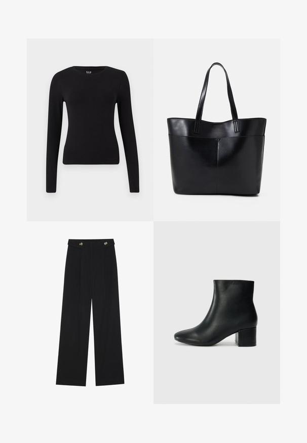 Musta pitkähihainen istuva pyöreäkauluspaita suoraan helmalla, esitelty valkoisella taustalla.; Mustat leveälahkeiset housut, joissa on korkea vyötärö, napit vyötärönauhassa ja etupuolella laskokset.; Musta nahkasaappaat nilkkapituudella, jossa on terävä kärki ja paksu korko. Silkkinen pinta, jossa on minimaaliset yksityiskohdat ja tyylikäs, istuva muotoilu.; Musta nahkainen kassi, jossa on kaksi pitkää kahvaa, sileä pinta ja jämäkkä muoto. Sisältää etutaskun lisävarastointia varten.