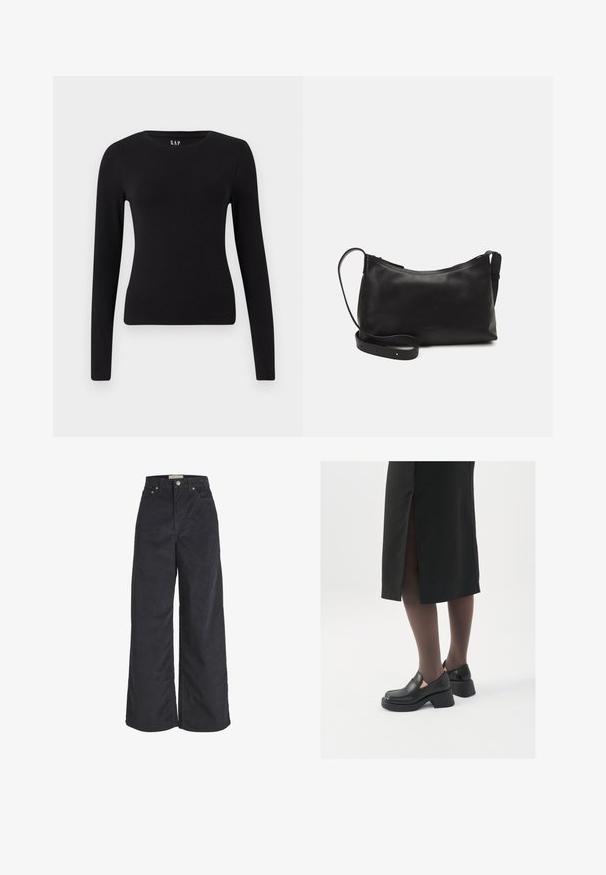 Crna dugoračna majica s prilagođenim krojem i ravnim rubom, prikazana na bijeloj pozadini.; Crne kordura široke hlače s visokim strukom, prednjim kopčanjem na dugme i dva bočna džepa. Mekana tekstura i ravni kroj.; Crne kožne cipele s zaobljenim vrhom, debelim blok petama i elastičnim bočnim detaljima, uparene s tamnim čarapama i crnom suknjom s prorezom.; Crna kožna torba na rame s glatkom teksturom, zakrivljenim oblikom, podesivim remenom i zatvaranjem na patentni zatvarač. Minimalistički dizajn bez ukrasa.