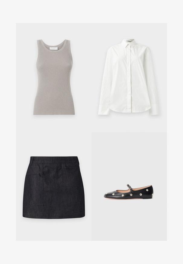 Hall hallidega helehall tank top ümmarguse kaeluse ja laia õlarihmaga. Omab pehmet tekstuuri ja keha järgivat disaini. Brändi silt on nähtav.; Valge puuvillane pikkade varrukatega särk terava krae, nööbiga esise sulgemise ja ümarate äärtega. Sile tekstuur, regulaarne lõike ja ilma mustriteta.; Tume denim seelik sirge lõikega, millel on kaks esipocketit ja peen tekstuur. Puhtad servad ja standardne vöökoht.; Must naar mustast valmistatud Mary Jane lamedad jalanõud, ümarate varvastega, hõbedaste ümmarguste nupukestega ja reguleeritava rihmaga, millel on klamber.