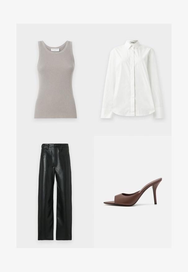 Harmaa urheilullinen hihaton paita, jossa on pyöreä pääntie ja leveät olkaimet. Ominaisuuksiin kuuluu pehmeä rakenne ja vartalonmyötäinen muotoilu. Brändilogo näkyvissä.; Valkoinen puuvillainen pitkähihaisessa paidassa on terävä kaulus, napitus edessä ja pyöristetty helma. Sujuva tekstuuri, normaali istuvuus ja ei kuvioita.; Musta nahkahousut suoralla leikkauksella, joissa on nappikiinnitys, vyölenkit ja kaksi etutaskua. Sileä pinta, jossa on kevyttä kiiltoa.; Ruskean nahkakengät, joissa on avonainen varvas, korkea kanta ja tyylikäs muotoilu. Kengissä on leveä etuhihna ja hoikka stiletto-korko.