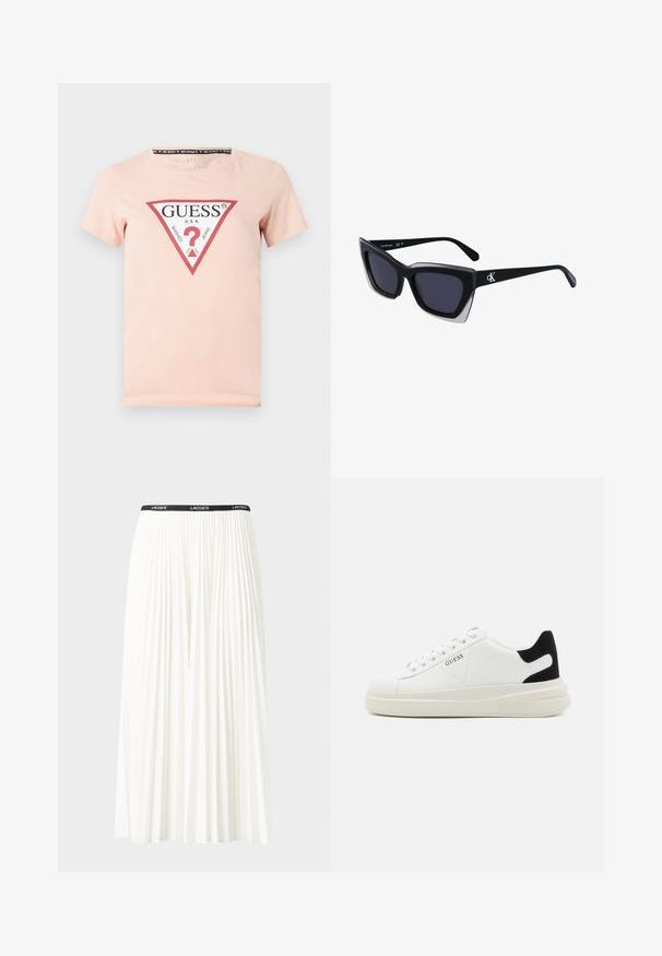 Rožinė medvilninė marškinė su apvaliu kaklu, kuriame yra didelis raudonas trikampis logotipas su balta tekstu ir klausimo ženklo dizainu centre.; Pleated balta sijonas su juodu elastiniu juosmeniu, ant kurio yra "LACOSTE" logotipas. Vidutinio ilgio dizainas su švelnia tekstūra.; Baltos odinės sportbačiai su storu baltu padu, juodu nubuko kulno akcentu ir iškilmingu logotipu šone. Su raišteliais, turinčiais šešis akinius.; Juodos didelės saulės akinių su geometrine forma, turinčiais tamsius objektyvus ir kontrastingą pilką detalę ant rėmelio. Logotipas ant šalon.