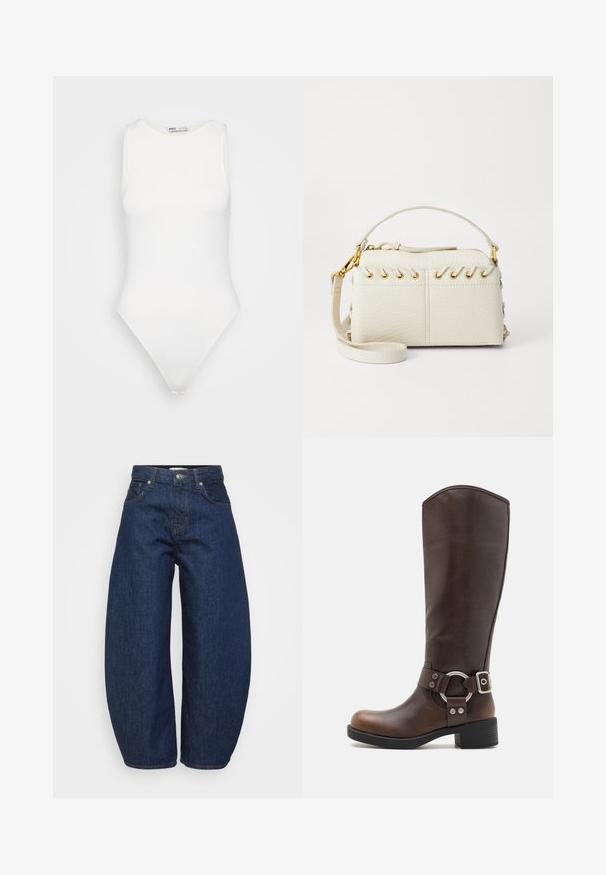 Baltas be rankovių bodis su aukštu kaklu ir thong kirpimu. Lygus paviršius ir prigludusi siluetas, skirtas apkūniam įvaizdžiui.; Aukštai juosmens tamsiai mėlynos džinsinės kelnės su plačiomis kojomis, priekyje esančiu mygtuku ir užtrauktuku, bei klasikine penkių kišenių išvaizda.; Rudos odinės kelio ilgio auliniai batai su apvaliu metaliniu akcentu ir sagtimi. Lengvai tekstūruota viršutinė dalis, sumontuotas kulnas ir apvali nosies forma.; Balta dirbtinės odos rankinė su viršutiniu užtrauktuku, trumpa rankena ir nuimamu per petį nešančiu diržu su auksinės spalvos furnitūra. Šoniniai raišteliai.; Sidabrinė lankinė auskarai su poliruotu paviršiumi, turintys mažus auksinius akcentus ir apvalią formą, dėvimi ant ausies kaušelio.