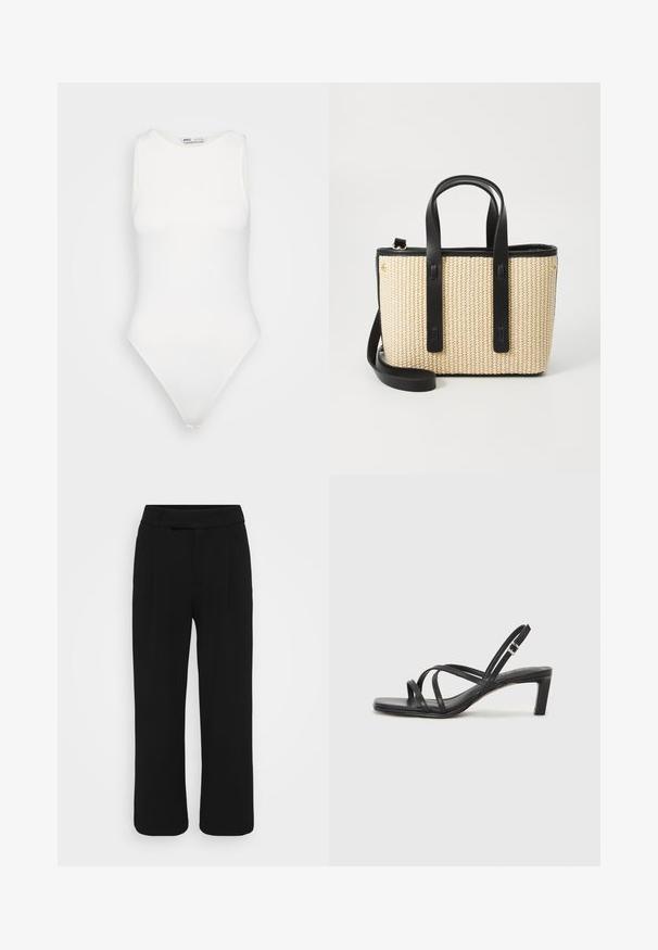 Biely bezrukávový body s vysokým výstrihom a nohavičkovým strihom. Hladká textúra a priliehavý strih navrhnutý na dosiahnutie priliehavého vzhľadu.; Čierne nohavice s voľným strihom vyrobené z hladkej tkaniny, s plochým predným dielom, pútkami na opasok a bez viditeľných vreciek. Čistý, prispôsobený dizajn.; Čierne sandále na vysokom podpätku so štvorcovou špičkou a nízkym blokovým podpätkom. Obsahujú viacero tenkých popruhov a nastaviteľný členkový popruh. Vyrobené z hladkej kože.; Tkaná slamená taška s čiernymi koženými rúčkami a akcentmi. Obdĺžnikový tvar, priestranný interiér a odnímateľný ramenný popruh.