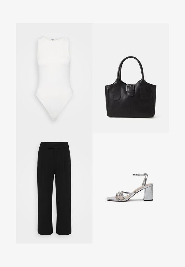 White sleeveless bodysuit with a high neckline and a thong cut. Smooth texture and fitted silhouette designed for a form-fitting look.; Black wide-leg pants made of a smooth fabric, featuring a flat front, belt loops, and no visible pockets. Clean, tailored design.; Silver metallic high-heeled sandal with a block heel, thin ankle strap, and multiple wide straps across the forefoot. Smooth texture.; Black leather tote bag with smooth texture, structured shape, two handles, and a prominent silver buckle detail on the front.