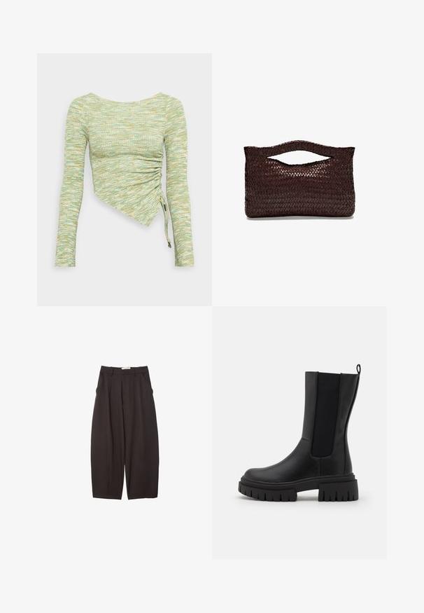 Langarmshirt aus strukturiertem mintgrünem und gelbem Stoff, mit einem asymmetrischen Schnitt, seitlicher Raffung und Bindebändern am Saum.; Schwarze weit geschnittene Hosen aus einem glatten Stoff, mit hoher Taille, Frontfalten und Seitentaschen. Schlichtes Design ohne Verzierungen.; Schwarze Stiefelette aus Leder mit strukturiertem Finish, elastischen Seitenpaneelen und einer dicken, geriffelten Sohle für besseren Halt.; Braune geflochtene Lederhandtasche mit einem abgerundeten Obergriff und einer offenen Silhouette, die eine strukturierte Oberfläche und ein schlankes, minimalistisches Design aufweist.