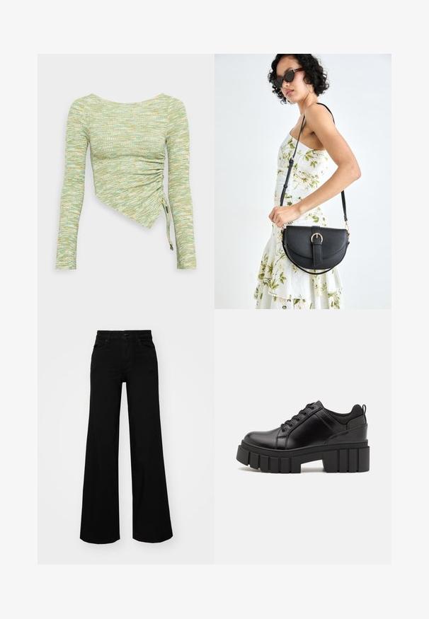 Langarmshirt aus strukturiertem mintgrünem und gelbem Stoff, mit einem asymmetrischen Schnitt, seitlicher Raffung und Bindebändern am Saum.; Schwarze weit geschnittene Hose aus Denim, mit einem strukturierten Bund, Gürtelschlaufen und Fronttaschen. Glatte Textur mit klassischem Design.; Schwarze Lederplateauschuhe mit klobigem Blockabsatz, runder Zehenpartie und traditionellem Schnürdesign. Verfügt über eine glatte Textur und minimale Details.; Schwarze Lederhandtasche mit geschwungener Form, abnehmbarem Tragegurt und goldenen Beschlägen. Die Tasche verfügt über einen Deckel mit einer Schnallen-Details.