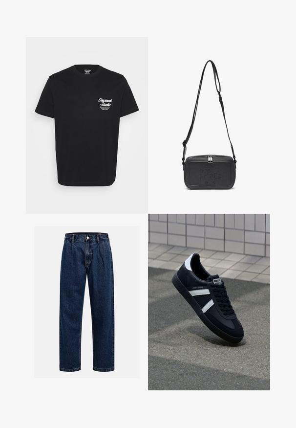 Černé bavlněné tričko s kulatým výstřihem, krátkými rukávy a bílým potiskem na levé části hrudi. Jednoduchý design bez dalších vzorů.; Tmavě modré džíny s rovnými nohavicemi. Mají viditelné švy, zapínání na knoflík a přední záhyby pro zvýraznění detailu.; Černé kožené tenisky s bílými pruhy, texturovanou gumovou podrážkou a šněrováním vpředu. Obsahují značenou etiketu na jazyku.; Černá kožená taška přes rameno s uzávěrem na zip, vyraženým logem na přední straně a nastavitelným popruhem. Hladký povrch s obdélníkovým tvarem.