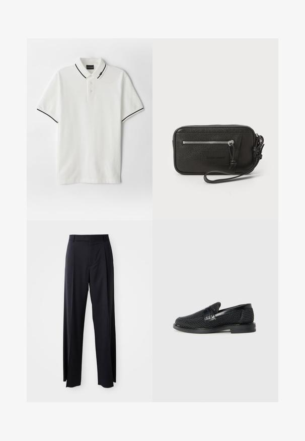 Biele polokolónková košeľa s trojgombíkovým zapínaním, čierne lemovanie na golieri a rukávoch, vyrobená z jemnej bavlny. Jednoduchý dizajn, žiadne vzory.; Čierne, vysoké nohavice so širokým strihom, vyrobené z hladkej látky. Obsahujú predné skladby a pútka na opasok. Minimalistický dizajn, bez viditeľnej kovania.; Čierne tkané slip-on topánky s hladkým koženým akcentom na vrchnej časti, s okrúlym dizajnom špičky a nízkoprofilovou gumovou podrážkou.; Čierna kožená kabelka s textúrovaným povrchom, predná zipová vrecko a odnímateľný remienok na zápästie. Obsahuje logo nášivku na prednej strane. Obdĺžnikový tvar.