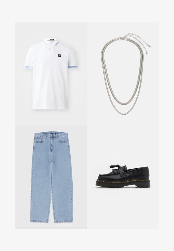 Balts polo krekls, kas izgatavots no kokvilnas, ar trīs pogu aizdari, zilu svītru akcentiem uz piedurknēm un mazu melnu logotipa uzlīmi.; Gai zila džinsu bikses ar taisnu kāju dizainu, kas piedāvā vidēju vidukļa augstumu, piecas kabatas un pogas un rāvējslēdzēja aizdari.; Melnas ādas mokasīni ar pērlītēm uzsvaru, ar masīvu melnu zoli un dzeltenu šuvumu gar malu. Ar teksturētu apdari.; Trīslīmeņu sudraba metāla kaklarota ar gludām, elastīgām ķēdēm, kas spīd, droši piestiprināta ar omā uzgali un regulējamu ķēdi.
