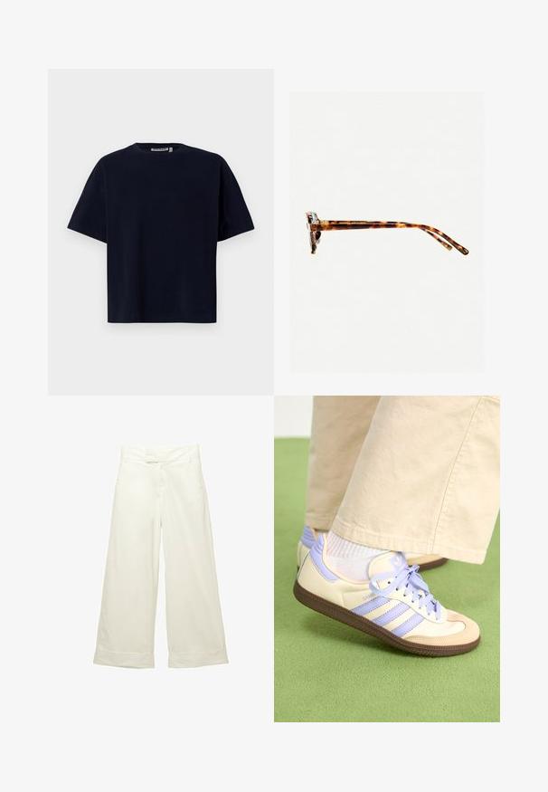Navyblauwe katoenen t-shirt met korte mouwen, een ronde hals en een ontspannen pasvorm, met minimale stiksels en geen extra patronen.; Wijdvallende broek van zacht, crèmekleurig materiaal. Heeft een vlakke tailleband en opgerolde manchetten. Fijne textuur met een strakke, minimalistische uitstraling.; Crème- en lavendel-sneakers met drie strepen en een gestructureerde bruine zool, voorzien van veters en een gewatteerde hiel. Zachte stoffen bovenkant.; schildpadbril met een dikke rand, licht gebogen scharnieren en een soepele textuur. Beschikt over een klassiek ontwerp met een glanzende afwerking.