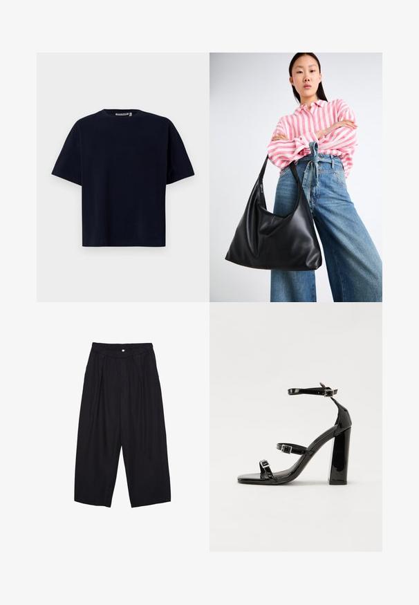 Námořnická modrá bavlněná tričko s krátkým rukávem, kulatým výstřihem a uvolněným střihem, s minimálním prošitím a bez dalších vzorů.; Černé polyesterové culotte kalhoty s elastickým pasem, dvěma předními sklady a volným siluetou. Žádné viditelné vzory ani kovové detaily.; Černé lakované sandály na podpatku se čtveratou špičkou, lýtkovými pásky a stříbrnými přezkami. Disponují masivním blokovým podpatkem pro stabilitu.; Černá kožená taška přes rameno se uvolněným tvarem a švy. Model na sobě má růžovo-bílý pruhovaný top a široké modré džíny.