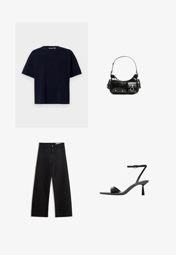Maglietta in cotone di colore blu navy, con maniche corte, collo rotondo e vestibilità morbida, caratterizzata da cuciture minime e nessun motivo aggiuntivo.; Pantaloni in denim neri a gamba larga con vita alta, dotati di tasche anteriori e posteriori, cuciture a punto, e chiusura con bottone. Texture liscia.; Bershka Sandali con tacco - black; Borsa a spalla in vernice nera con forma curvata, una tracolla, tasche frontali e dettagli in metallo argentato.