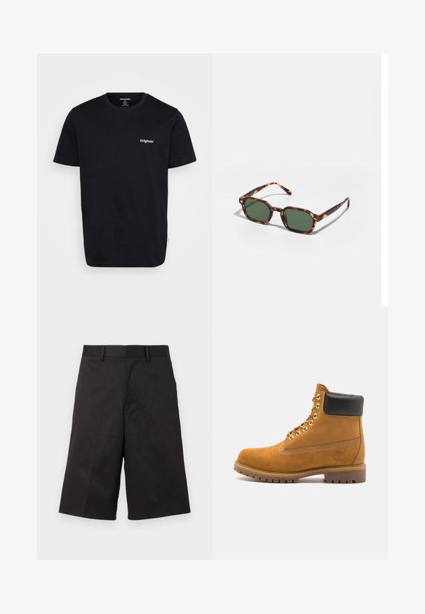 Crna pamučna majica s kratkim rukavima, okruglim izrezom i bijelim "Originals" logotipom na prsima. Glatka tekstura, redovni kroj.; Crne hlače kratkog kroja, izrađene od glatkog materijala, s ravnim prednjim dijelom, petljama za remen i ravnim, skraćenim nogavicama.; Antracitne antilop čizme do gležnjeva s crnim podstavljenim ovratnikom, zlatnim metalnim rupicama, bijelim šavovima i robusnom gumenom potplatom s izraženim šarama.; Tortoiseshell sunčane naočale s zelenim lećama, sa osmerokutnim oblikom i tankim, zakrivljenim drškama. Materijal ima sjajnu završnu obradu.