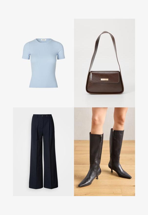 Světle modré rebrované tričko s krátkými rukávy a kulatým výstřihem. Měkká textura, přiléhavý střih bez viditelných log nebo ozdob.; Námořnické pruhované široké kalhoty s dvěma předními knoflíky, přizpůsobený střih, sklady na přední straně a hladká textura.; Černé kožené vysoké boty až ke kolenům s špičatou špičkou a úzkým podpatkem. Mají zipy po stranách pro snadné obouvání. Hladký povrch a elegantní design.; Hnědá kožená taška přes rameno se strukturovaným tvarem, vybavená magnetickou klopou a metalickým logem na přední straně.