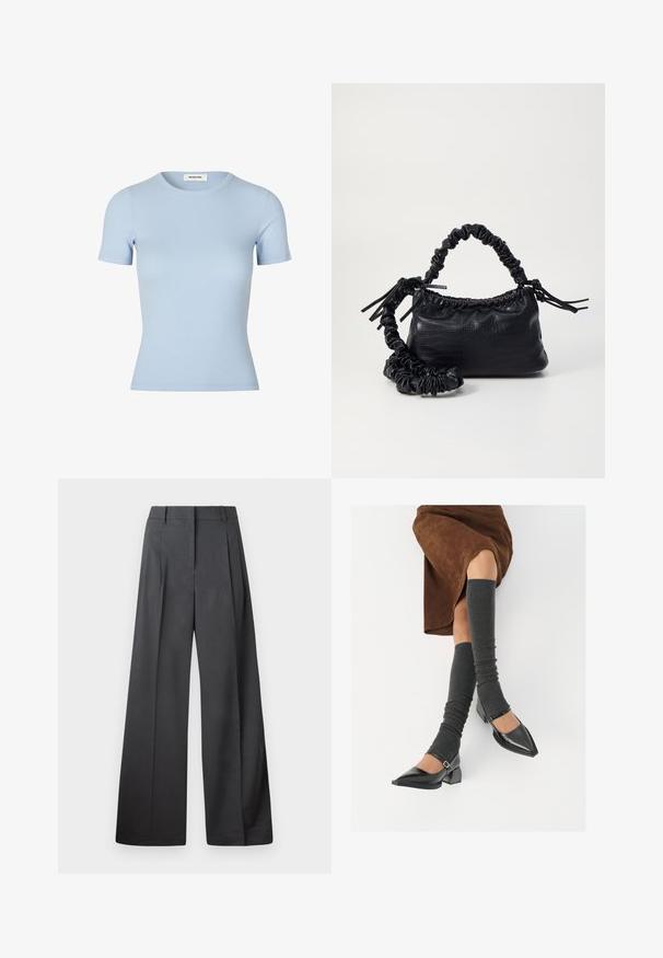 Tricou raiat bleu deschis, cu mâneci scurte și guler rotund. Textură moale, design ajustat, fără logo-uri sau embellishments vizibile.; Pantaloni culți din țesătură gri închis, cu talie înaltă, pliuri simple și o textură netedă, cu o finisare curată la tivuri.; Pantofi negri din piele lacuită, cu vârful ascuțit, toc bloc și curea la glezna, asortați cu jambiere gri cu nervuri și o fustă din suede maro.; Geantă din faux leather neagră cu textură de crocodil, cu partea superioară strânsă și o curea mototolită. Pare moale și compactă ca design.