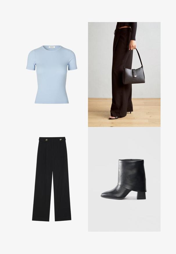 Lys blå ribbet t-skjorte med korte ermer og rund hals. Myk tekstur, tettsittende design uten synlige logoer eller dekorasjoner.; Svart vide bukser med høy midje, knappdetaljer på midjebåndet og frontplisser.; Sorte lær ankle boot med spiss tå, glatt tekstur og en strukturert blokkhæl. Har et høyt, brettet mansjett-design.; Svart håndveske med strukturert form, jevn tekstur og metallisk lås. Kombinert med brede svarte bukser og sandaler med åpen tå på tregulv.