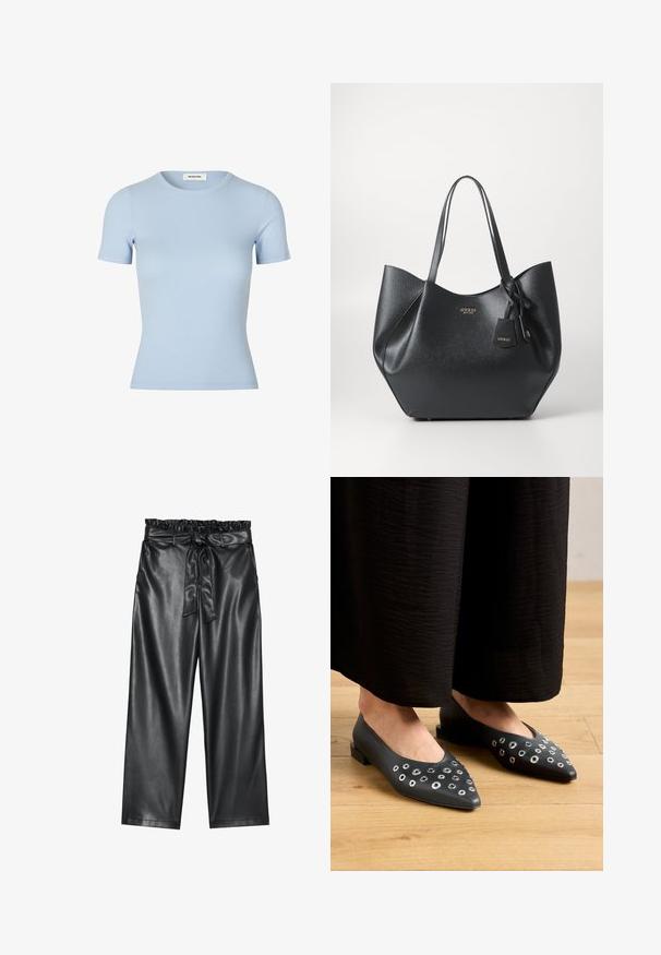 Heledad sinine ribaga t-särk lühikeste varrukate ja ümmarguse kaelusega. Pehme tekstuur, sobiv disain, ilma nähtavate logode või kaunistusteta.; Must mustra aktiivse nahaga laiad püksid elastse kroogitud vöökoht ja eemaldatav sidumisrihm. Sile tekstuur ja minimaalne sära.; Mustast nahkkingad terava ninaga, millel on erineva suurusega metallist silmade kaunistused ja madal ristkülikukujuline konts. Sile tekstuur puidust põrandal.; Mustmust kotte, mis on valmistatud tekstureeritud sünteetilisest materjalist, laia siluettiga, millel on kaks käepidet ja bränditud ripatise detail.; Hõbedane rõngas kõrvarõngas poleeritud viimistlusega, millel on väikesed kuldsed aktsendid ja ümmargune kuju, kantud lobus.