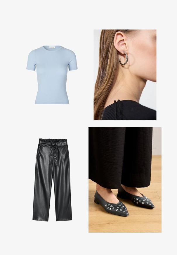 Light blue ribbed t-shirt with short sleeves and a round neckline. Soft texture, fitted design with no visible logos or embellishments.; Black faux leather wide-leg pants with an elasticated, ruffled waistband, and a detachable tie belt. Smooth texture and minimal sheen.; Black leather flats with a pointed toe, featuring metal eyelet accents in varying sizes, and a low square heel. Smooth texture on wooden floor.; Silver hoop earring with a polished finish, featuring small gold accent details and a round shape, worn on the lobe.