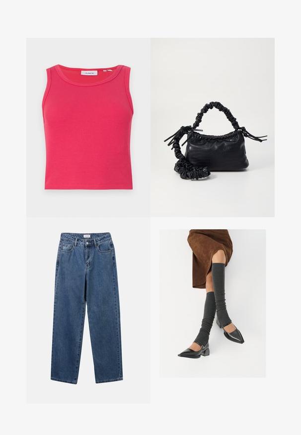 Prilegajoča rebrasta majica brez rokavov v svetlo rožnati barvi z okroglo ovratnikom. Ima oznako z modrim besedilom znotraj ovratnika.; Klasične modre jeans hlače s ravnim krojem, petimi žepi in gumbom za zapiranje. Imajo srednje pranje in trdno teksturo.; Črne lakirane čevlje s pointy prsti in blok peto ter z naramnicami za gleženj, ki jih kombiniramo s sivimi rebrastimi nogavicami in rjavim suknjičem iz usnja.; Črna torbica iz umetnega usnja s krokodilovo teksturo, z zvitim vrhom in zmečkano naramico. Zdi se mehka in kompaktna v oblikovanju.