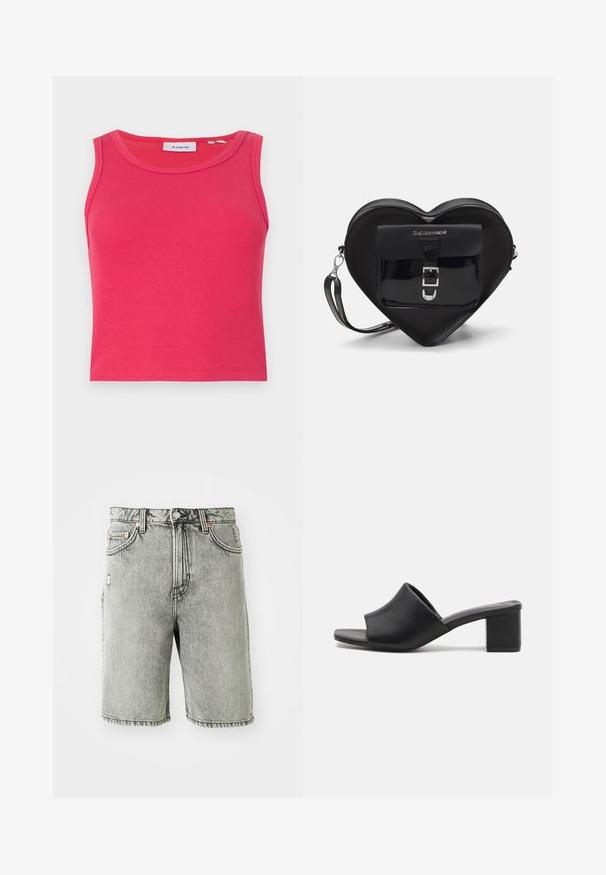 Top de manga cava ajustado e canelado em rosa brilhante, com um decote redondo. Apresenta uma etiqueta com texto azul dentro do colarinho.; Shorts de denim cinza com um design clássico de cinco bolsos, um acabamento desbotado e detalhes cosidos na barra e na cintura.; Mules pretos de couro com salto bloco, com ponta aberta, apresentando uma superfície suave e uma parte superior ligeiramente curvada para conforto e estilo.; Bolsa em forma de coração preta, feita de couro envernizado, com um bolso frontal apresentando um fecho de fivela e uma alça removível. Acessórios em aço inoxidável.