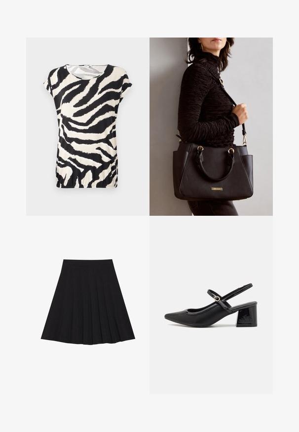 Kortærmet top i et glat stof med et sort og kremfarvet zebra-stribe mønster, rund halsudskæring og en afslappet pasform.; Sort plisseret nederdel lavet af struktureret stof med en tætsiddende talje. Faldende til knæ længde og har en glat, ren silhuet.; Sorte patentlæder slingback hæle med spids tå, rund udskæring og blokhæl. Har en guldtonet spændeaccents.; Sort håndtaske med struktureret overflade, dobbelt topbærere og justerbar skulderrem. Udstyret med guldfarvet metalhardware og sidelommer.