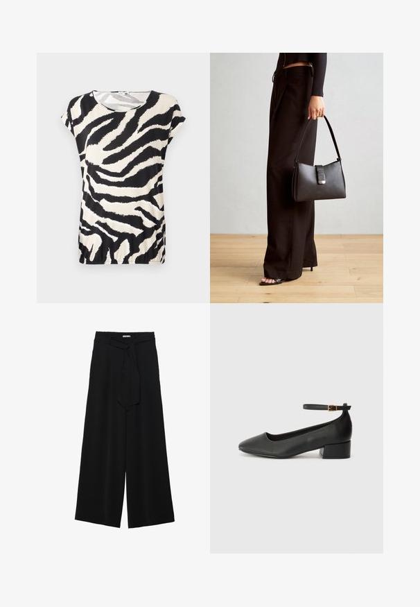 Lühikeste varrukatega topp sujuvalt kangast, millel on must-valge zebra triipudega muster, ümmargune kaelus ja lõdvestatud sobivus.; Mustad laiad püksid, millel on tekstureeritud kangas, elastne vöökoht ja eemaldatav pael vööst, et reguleerida sobivust.; Must mustaapp, millel on terav nina ja madal blokk-kand. Omab pahkluu rihma koos kuldse tooni pandlaga. Sile tekstuur.; Must musta kott, millel on struktureeritud kuju, sile tekstuur ja metallist klamber. Kombineeritud laiate mustade pükstega ja avatud varvaste sandaalidega puidust põrandal.