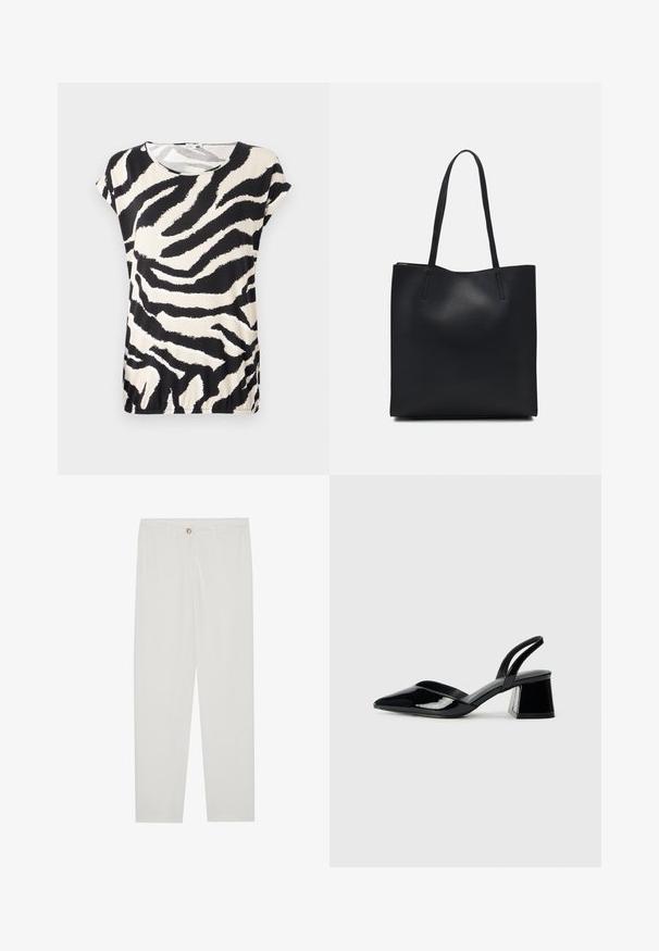 Top cu mânecă scurtă dintr-un material fin, având un model de dungi zebra în culorile negru și crem, cu guler rotund și o croială lejeră.; Pantaloni albi, croiți, cu un design drept al piciorului, având sistem de închidere cu nasture, bucle pentru curea și buzunare laterale; textură de țesătură netedă.; Pantofi cu toc slingback din piele lacuită neagră, cu vârf ascuțit și toc geometric. Prezintă un design elegant, minimalist și o textură netedă.; Geantă tote neagră din piele, cu textură netedă, formă rectangulară și două mânere lungi. Fără hardware vizibil sau ornamente.