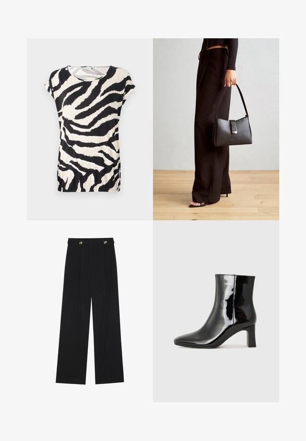 Rövid ujjú felső sima anyagból, fekete és krémszínű zebra csíkos mintával, kerek nyakkivágással és laza fazonnal.; Fekete, bő szárú nadrág magas derékkal, gombos részletekkel a derékrészen és elülső pliszékkal.; Fekete lakk bőrcipő bokáig érő, hegyes orral és közepes magasságú tömbsarokkal. Simább textúrával és minimalista dizájnnal rendelkezik.; Fekete kézi táska strukturált formával, sima textúrával és fémből készült záródással. Széles fekete nadrággal és nyitott orrú szandállal párosítva, fából készült padlón.