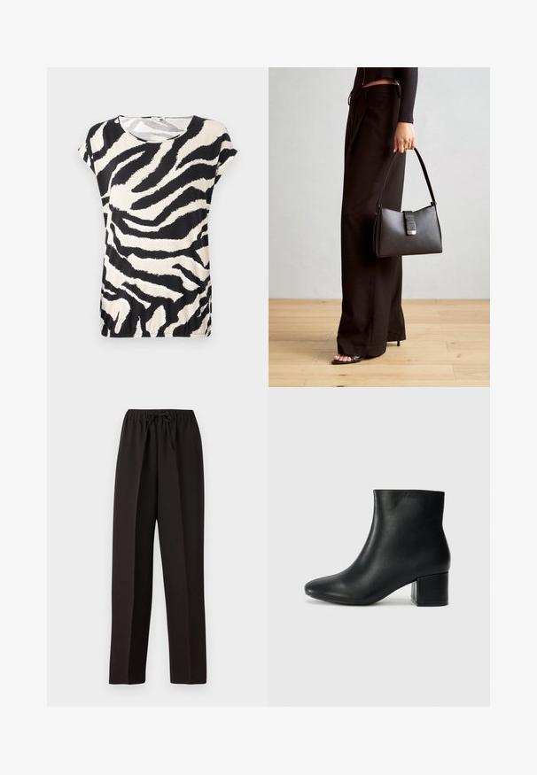 T-shirt de manga curta em tecido suave, com um padrão de riscas de zebra em preto e creme, com um decote redondo e um corte descontraído.; Calças largas e pretas, com um cós elástico e cordão ajustável. Feitas de um tecido liso e leve, sem padrões visíveis.; Botas de tornozelo em pele preta com bico pontiagudo e um salto robusto. Textura suave com acentos mínimos e um design ajustado e elegante.; Bolsa preta com forma estruturada, textura suave e um fecho metálico. Combinada com calças largas pretas e sandálias de salto aberto sobre um chão de madeira.