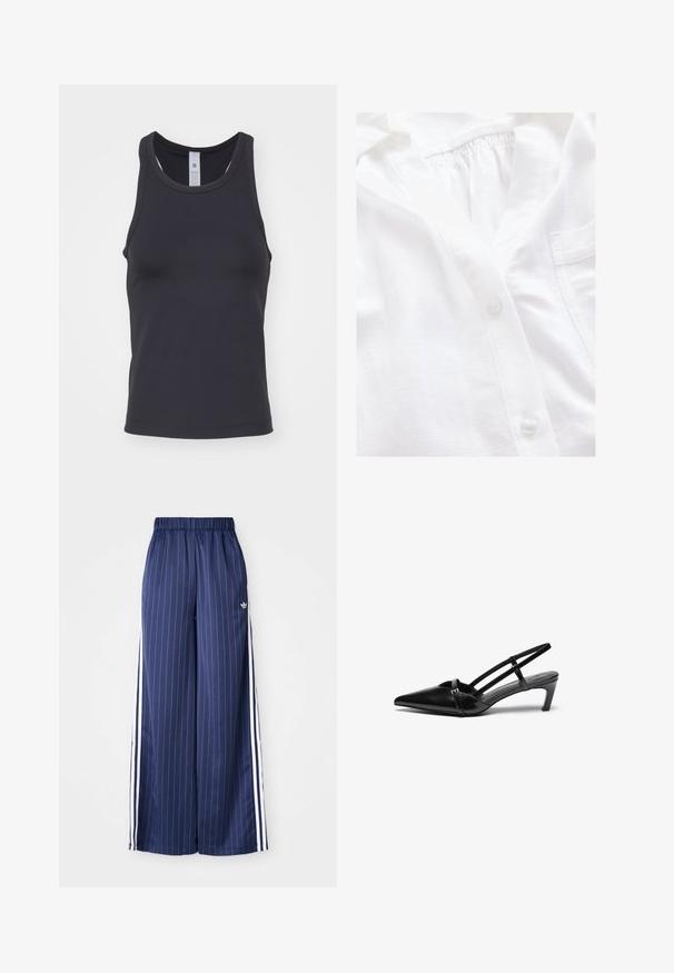 Zwarte tanktop gemaakt van zachte, rekbare stof. Heeft een ronde halslijn en brede schouderbanden, ontworpen voor een strakke pasvorm.; Witte overhemd met knopen van een geweven stof, voorzien van een volledige sluiting, geplooid decolleté en een klein borstzakje.; Navyblauwe wijde broek met verticale witte strepen, elastische tailleband en drie witte strepen aan elke kant, gemaakt van een lichtgewicht materiaal.; Zwarte gepatineerde leren slingback schoenen met een spitse neus, enkele banddetails en een lage, gestructureerde hak. Glad materiaal met minimale accenten.