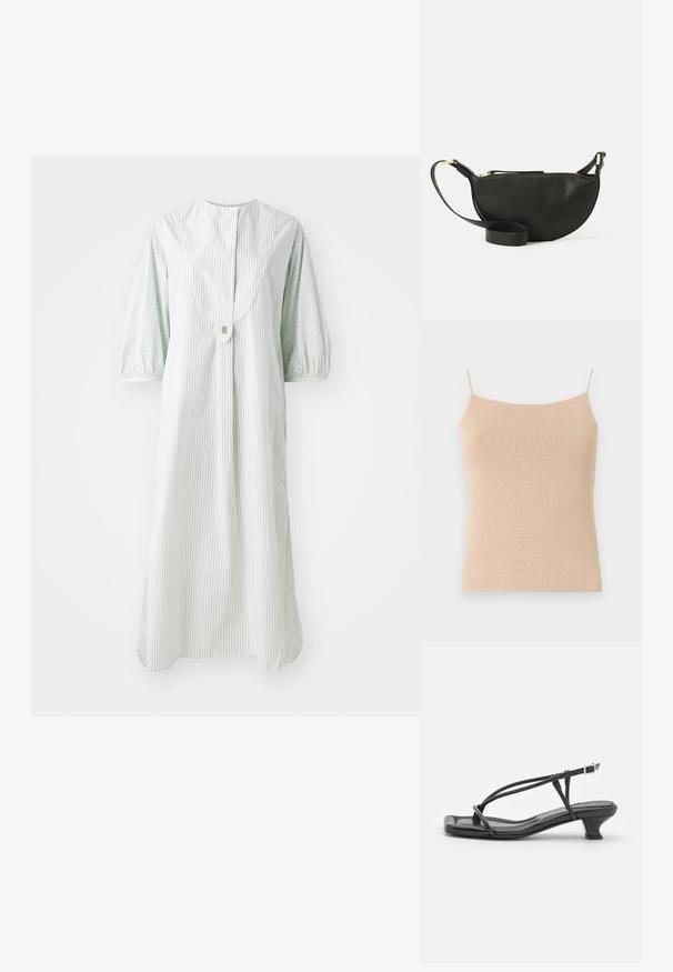 Camiseta de punto beis con tirantes finos, que presenta un diseño ceñido y una tela texturizada, ideal para superponer o para uso casual.; Vestido a rayas en verde claro y blanco, con un escote redondo, mangas cortas abullonadas y un cierre de botones en la parte posterior.; Sandal de cuero negro con tiras finas, tacón bajo cuadrado y punta cuadrada. Presenta un cierre de hebilla y una textura suave.; Bolso de cuero negro cruzado con forma de media luna, superficie texturizada, cierre de cremallera dorado y una correa plana. Diseño compacto adecuado para lo esencial.