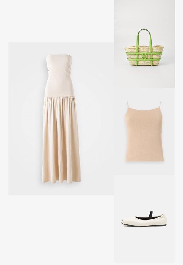 Nehézkötött bézs top vékony pántokkal, testhez simuló fazonnal és textúrált anyaggal, ideális rétegezéshez vagy hétköznapi viselethez.; Beige pánt nélküli maxi ruha, testhez simuló felső résszel és laza, redőzött szoknyával, puha anyagból készült, amely sima textúrával rendelkezik.; Lap ballet cipő fehér bőrből, lekerekített orral, fekete elasztikus pánttal és kis arany emblémával a sarok közelében. Puha tapintás és minimalista dizájn.; Szalmából készült táska zöld bőr kiegészítőkkel, fonott textúrával, dupla fogantyúkkal és egy kiemelkedő logóval az elején.