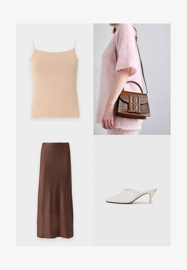 Beige knitted camisole with thin straps, featuring a fitted design and textured fabric, ideal for layering or casual wear.; Brown satin midi skirt with a smooth texture, featuring a straight cut and no visible patterns or embellishments. Simple and elegant design.; White mesh pointed-toe mule with a slim mid-height heel and slip-on design against a plain background.; Brown crocodile-embossed handbag with a top handle and shoulder strap. Features a prominent logo on the front flap. Soft texture.