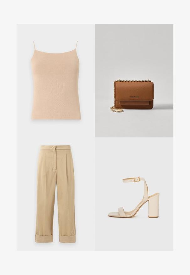 Bež jopica s tankimi naramnicami, z oprijetim krojem in teksturirano tkanino, idealna za plastenje ali vsakodnevno nošenje.; Beige, široke hlače z dvojnimi prednjimi gubami, zavihanimi robovi in gladko teksturo. Narejene iz lahkega materiala, nudijo sproščen kroj.; Bež visoke sandale s kvadratnim nosom, tankim trakicama okoli gležnja in blok peto. Gladka usnjena tekstura s podrobnostjo v zlati barvi.; Rjava teksturirana usnjena torba čez ramo z zlatim verižnim trakom in zapiranjem na pokrov. Spredaj je vidna podrobnost logotipa in žep pod pokrovom.