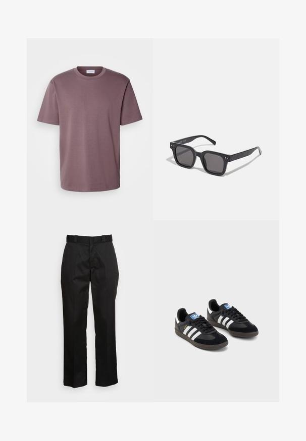 Short-sleeved, crew neck t-shirt in muted mauve color, made of soft cotton material, featuring a relaxed fit and minimalistic design.; Black trousers made from a smooth fabric, featuring a straight leg design, belt loops, and two side pockets. Classic look without embellishments.; Black sneakers with a suede and synthetic upper, featuring three white stripes, textured rubber sole, and blue logo tag on the tongue.; Black rectangular sunglasses with dark lenses, featuring a thick frame, subtle accents on the sides, and no visible logos beyond the brand name.